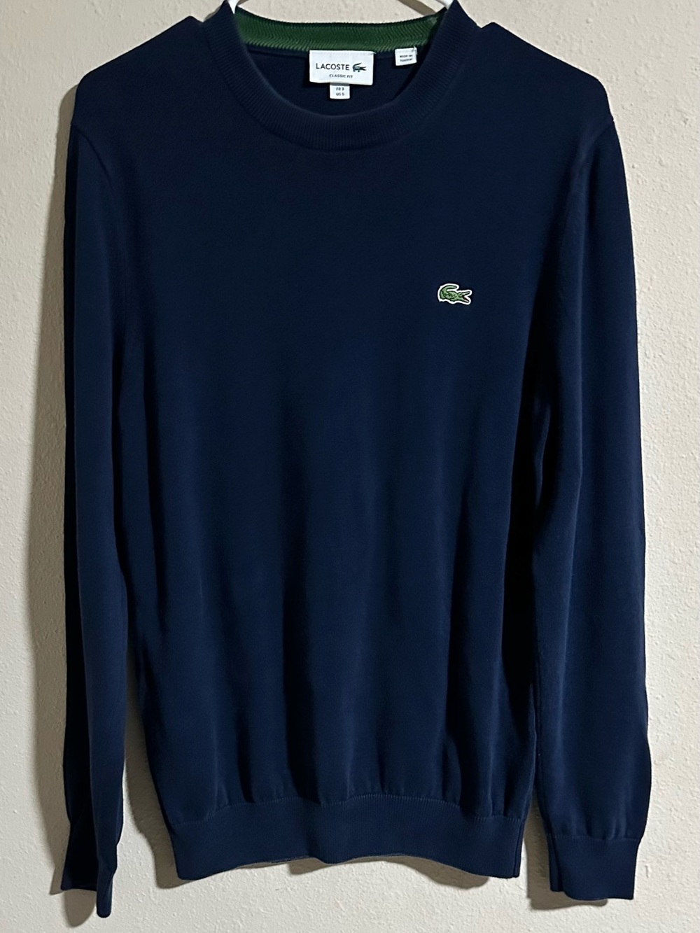 Lacoste Men's 100% Cotton Classic Fit Navy Crewneck with Green Crocodile Logo